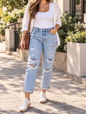 FRAME Le Garçon Light Wash Distressed Boyfriend Jeans Relaxed Ankle Denim Casual